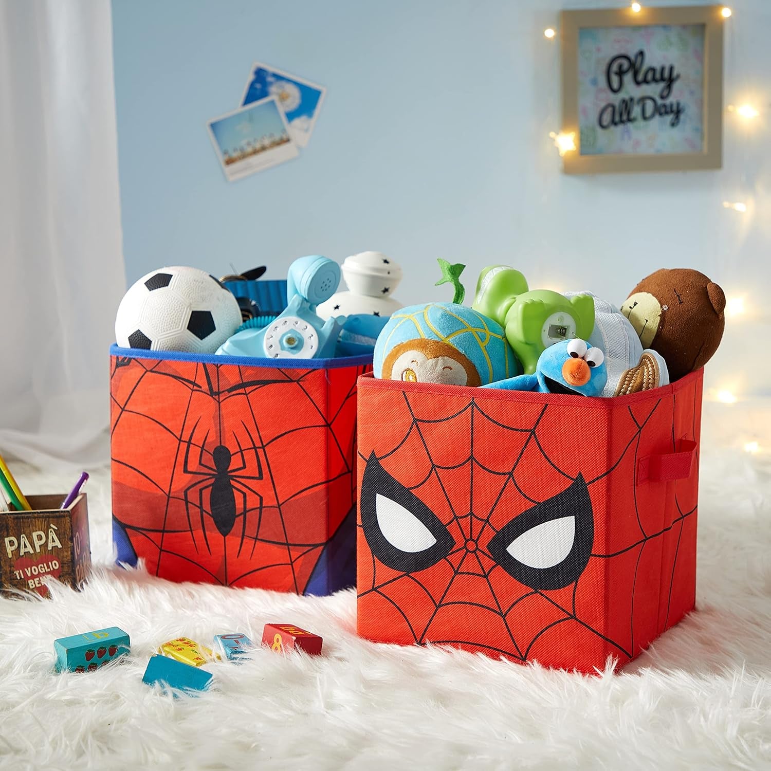 Marvel Spider-Man Collapsible Storage Cubes, Set of 2 Fabric Organizer Bins, 10 X 10 Inch Storage Baskets for Kids Bedroom, Playroom, Closet & Cube Shelves, Red
